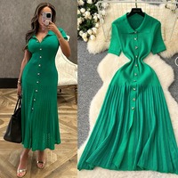 YuooMuoo Chic Fashion Elegant Patchwork Knitted Maxi Dress 2025 Summer Lady Turn-down Collar Shirt Sweater Dress Party Vestidos