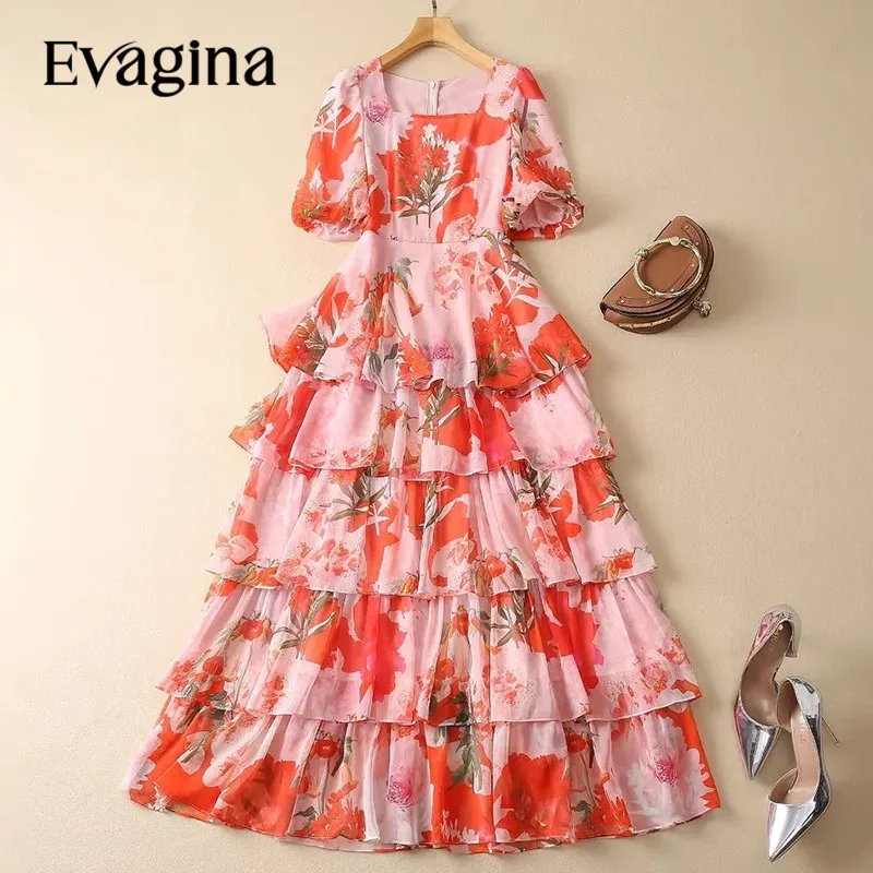 

Evagina 2024 New Fashion Runway Designer Women's Square Neck Short Sleeved Big Red Flower Print Stacked Ruffle Edge Orange Dress