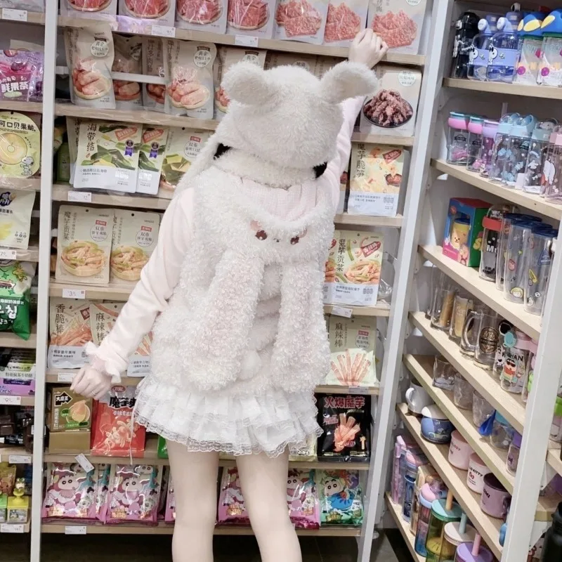 Autumn Winter Padded Warm Vest Cotton Jacket Women Kawaii Plush Short Coat Soft Cute Long Bunny Ears Hooded Zip Up Cardigan 2026