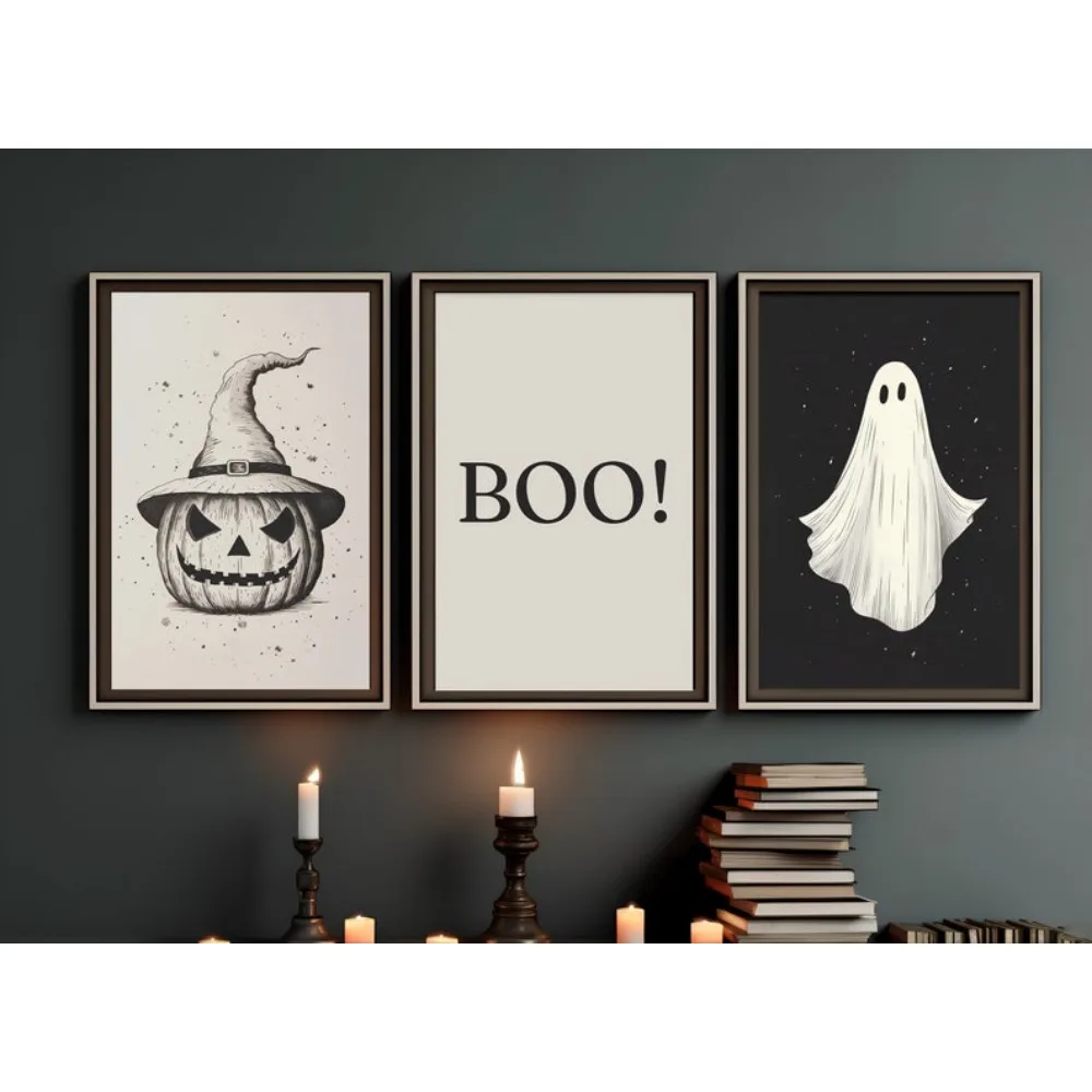 3pcs Frameless Halloween Canvas Painting,Ghost Wall Art,Pumpkin Poster,Halloween Gallery,Instant Download,Living Room Decoration