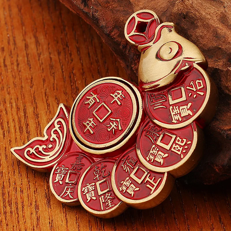 Brass Fish Yearly Fortune Handheld Ornament Red Oil Five Emperors Coin Desktop Decoration Men'S Portable Play Gift