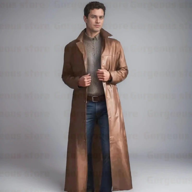 2026 Men's Long Leather Jackets Goth Punk Button Trench Coat Solid Lapel Collar Long Pu Windbreaker Winter Leather Coats
