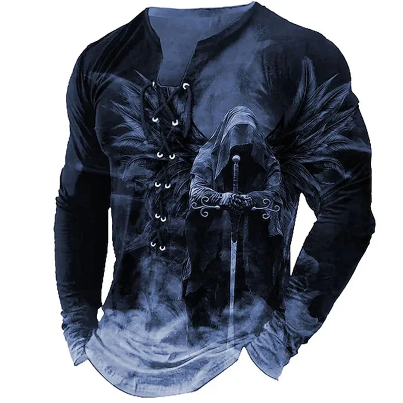 Classic Graphic Print Mens T Shirts 2024 Spring Long Sleeve Drawstring Tie-up V Neck Tops Men Clothes Casual Loose Pullover Tops