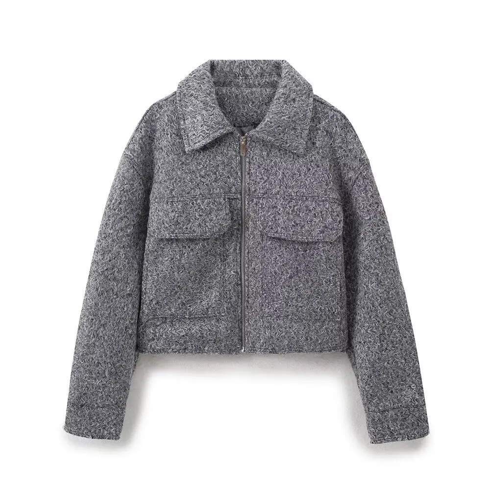 

Женская укороченная куртка с лацканами на молнии и двойными карманами, однотонная куртка с длинными рукавами, повседневная универсальная ранняя осень, женский шикарный топ