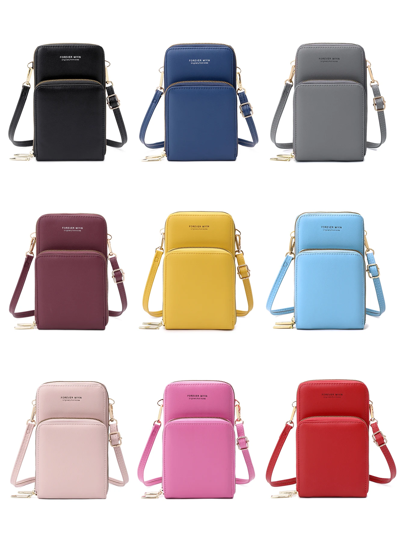 New Soft Leather Touch Screen Phone Bag Double Layer Solid Color Crossbody Shoulder Strap Handbag Large Capacity Coin Wallet