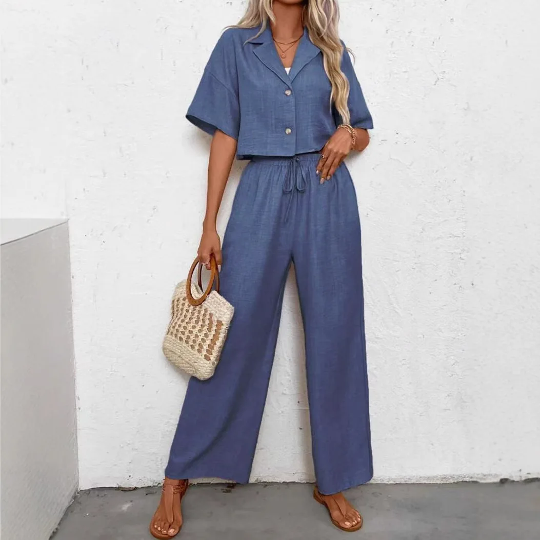 2026 Solid Color Elegant Two-piece Fashion Elegant Casual Suit Jacket and Wide Leg Pants Suit Women