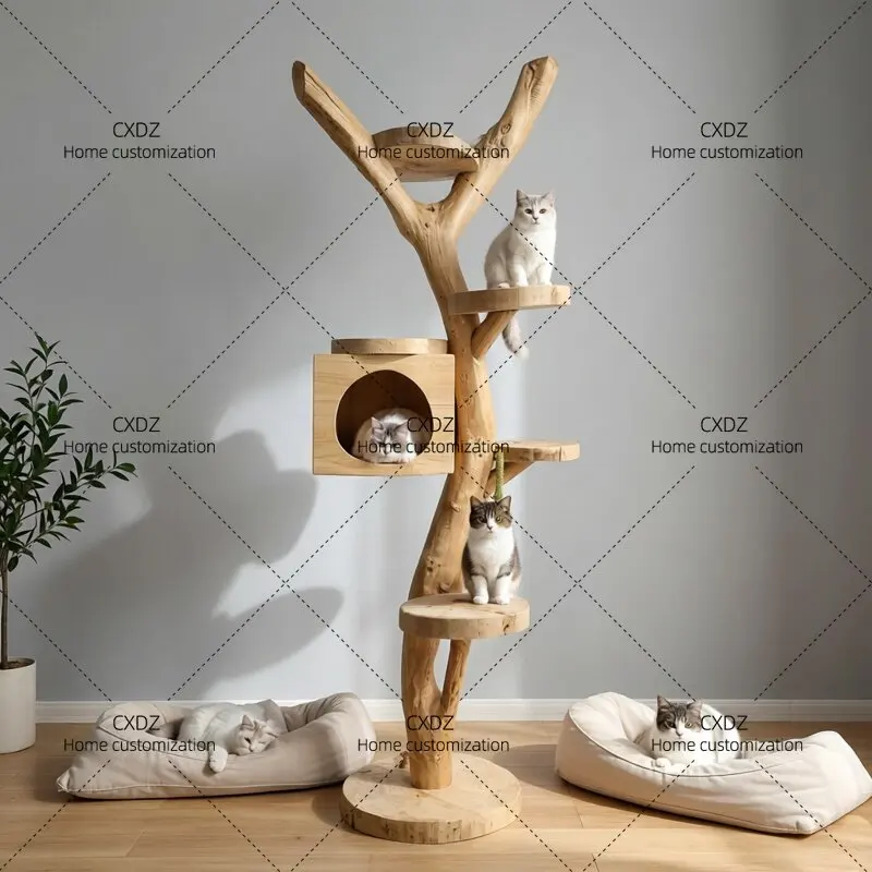 Solid wood cat climbing frame cat nest, tree integrated log tree trunk villa large household decoration cat scratching column