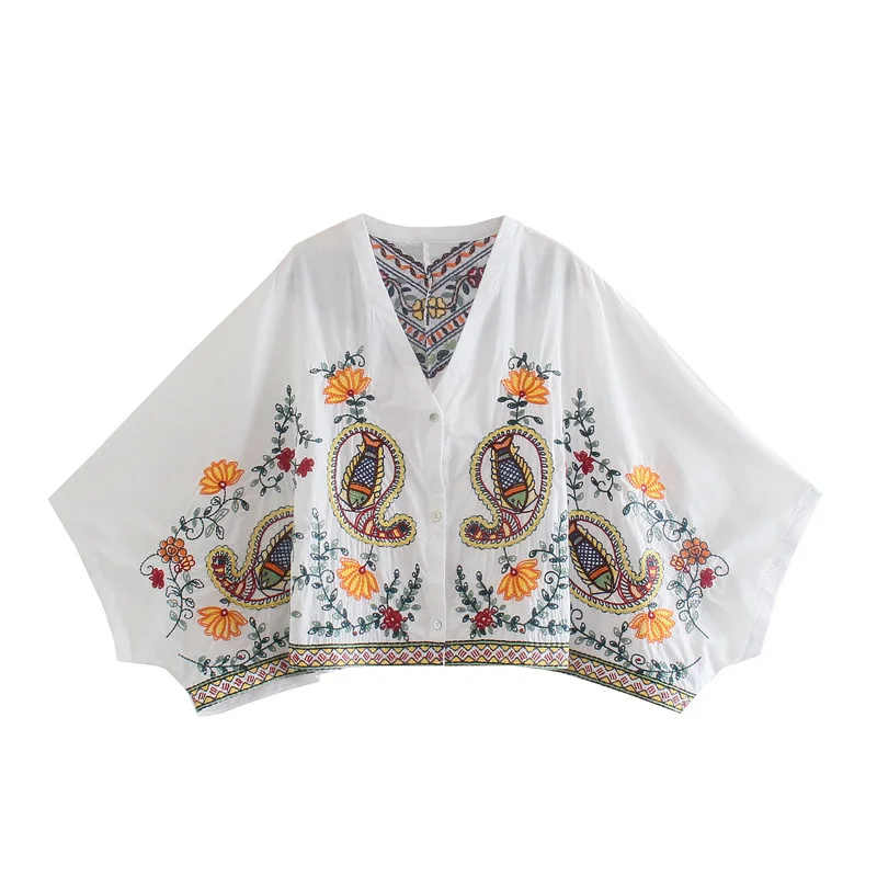 European And American Style Autumn New Women Clothing V-neck Loose Retro Heavy Embroidery Bat Shirt Top Skirt Street Style Suit