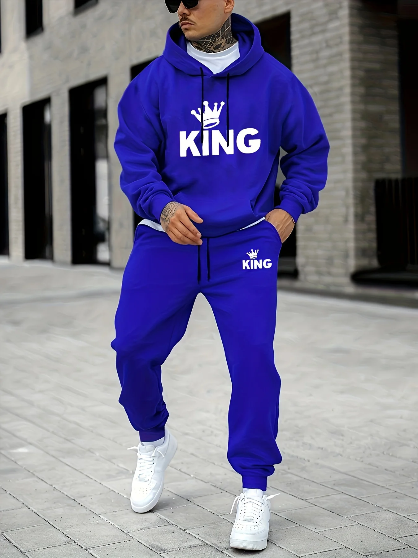 Men's KING Crown Print Tracksuit 2‑Piece Outfit, Hooded Sweatshirt + Jogger Pants Casual Sportswear Set Men's two-piece view 4