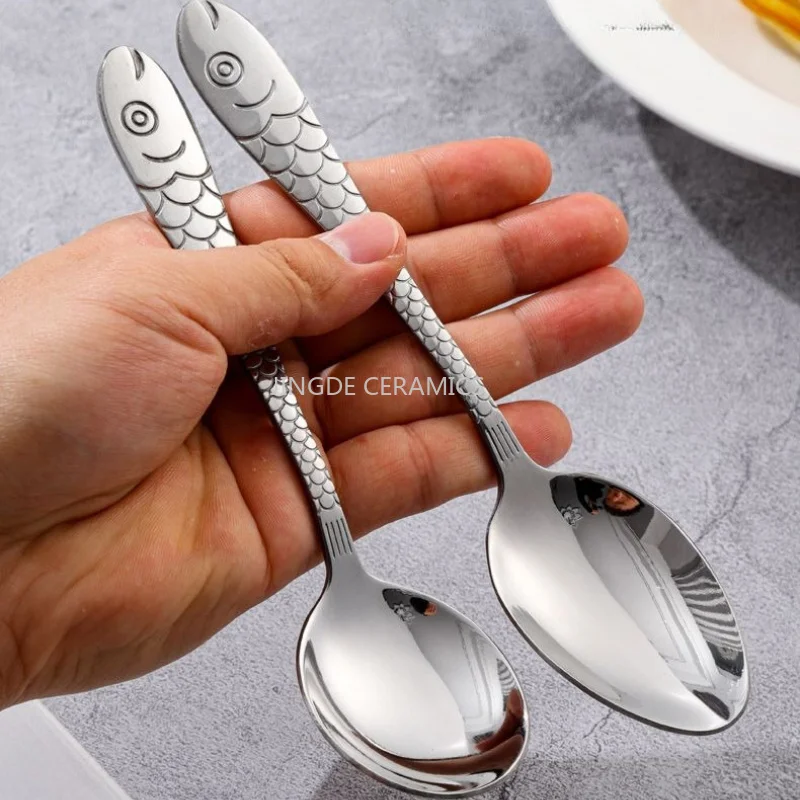 6PCS Stainless Steel Restaurant Spoon, Round/pointed Spoon, Ceramic Fish Pattern Spoon, Household Soup Spoons, Kitchen Tableware