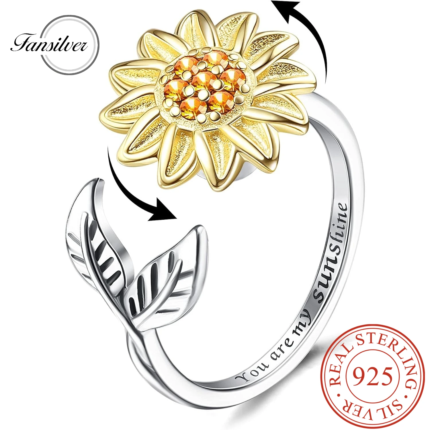 

Fansilver 925 Sterling Silver Sunflower Fidget Ring for Women You Are My Sunshine Stress Relieving Ring Christmas Jewelry Gift
