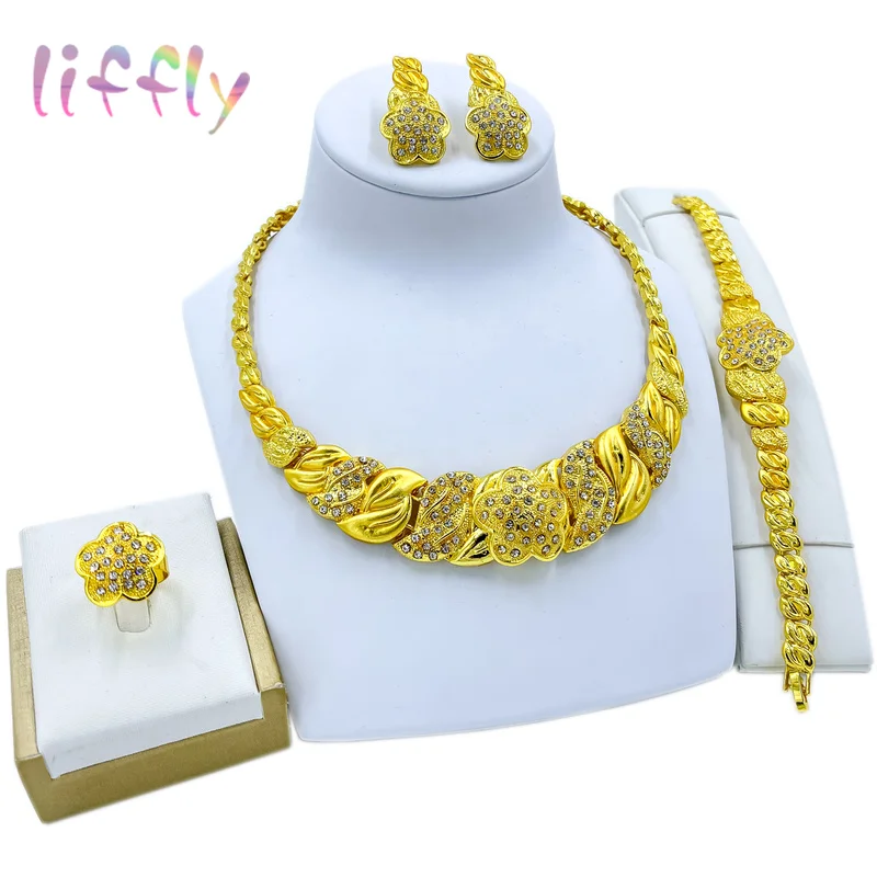 

Liffly Fashion Jewelry Set Women Flower Necklace Bracelet Party Personality Accessories Wedding Bridal Earrings Ring Jewelry