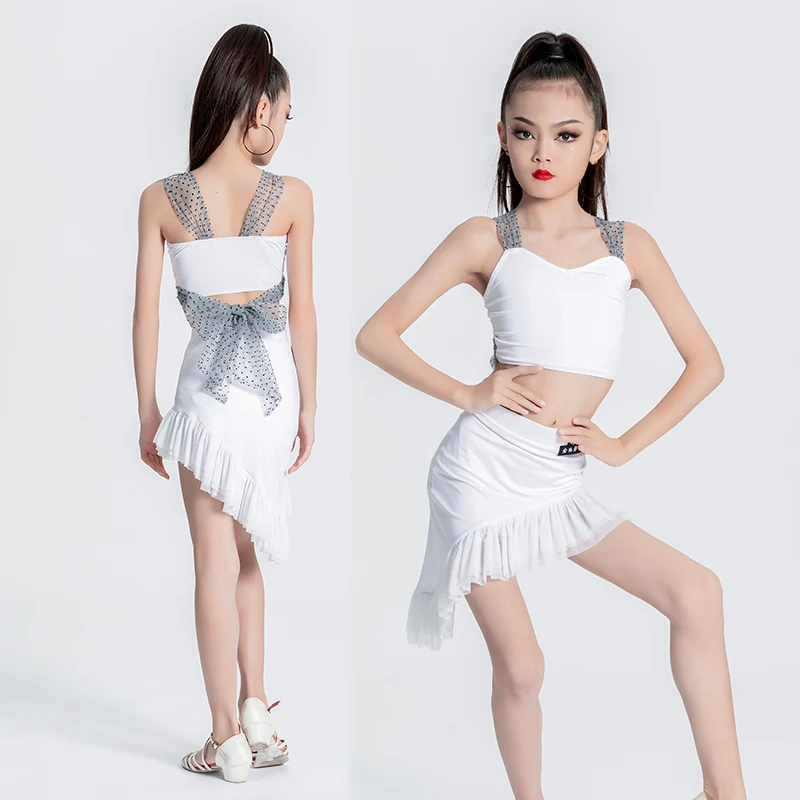 

Latin Dance Skirt Summer White Simple New Girl's Practice Dress Professional Children's Competition Performance Dance Skirt Suit