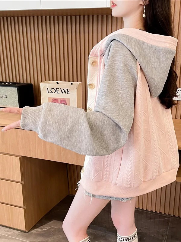 Loose Women's Hoodie Spring Autumn Color Blo Splicing Open Cardigan Jaet Large Size Comfortable Cotton Blend Korean Sle