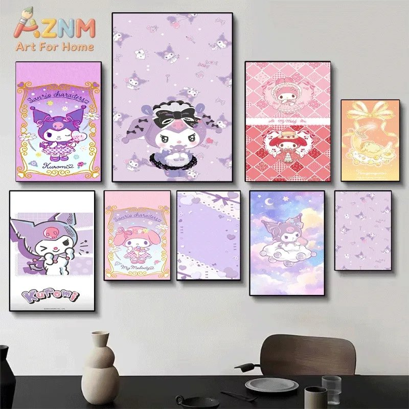 Sanrio Kuromi Canvas Wall Art Unframed Print Vintage Golden Frame Daisy Cute Cartoon Poster for Bedroom Dorm Home Interior Wall