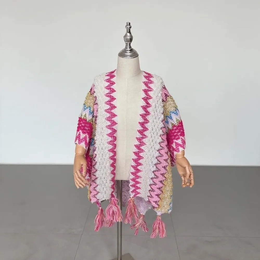 

Winter Warm Kids' Mongolian Poncho Striped Ethnic Style Knitting Wraps Artificial Wool Cardigan Tassel Shawl For Children