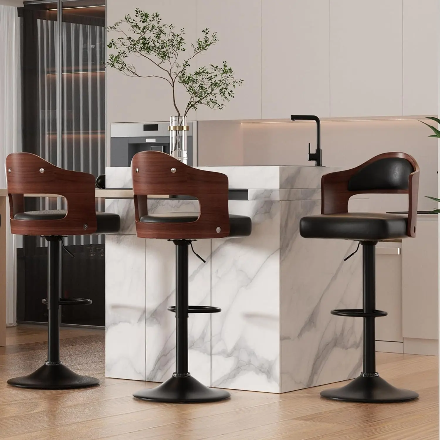 Modern Bar Stools Set of 3, Faux Leather Upholstered Swivel Bar Stools, Adjustable Counter Height Bar Chairs with Back for Kitch