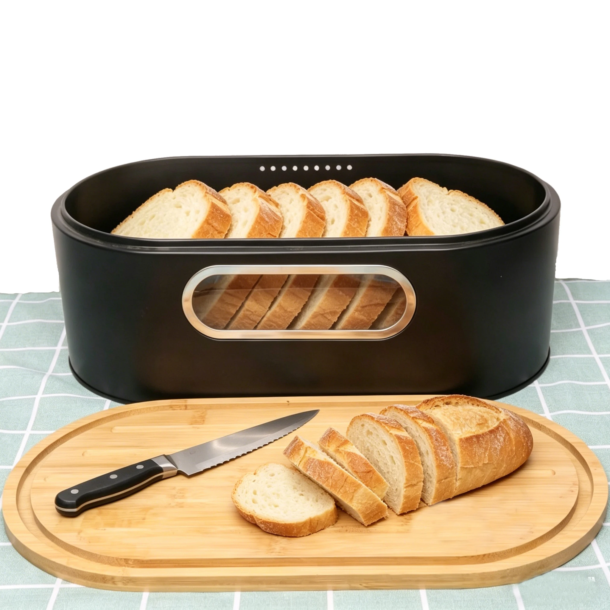 Caja grande negra para pan con tapa de bambú para almacenamiento en la encimera de la cocina - Incluye tabla de cortar - Solución para guardar pan casero