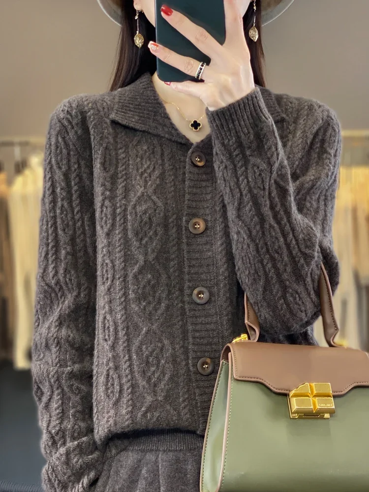 Chic Women Cable Knit Sweater Thick Cardigan Autumn Winter Merino Wool Long Sleeve Warm Cashmere Knitwear Korean Top L334