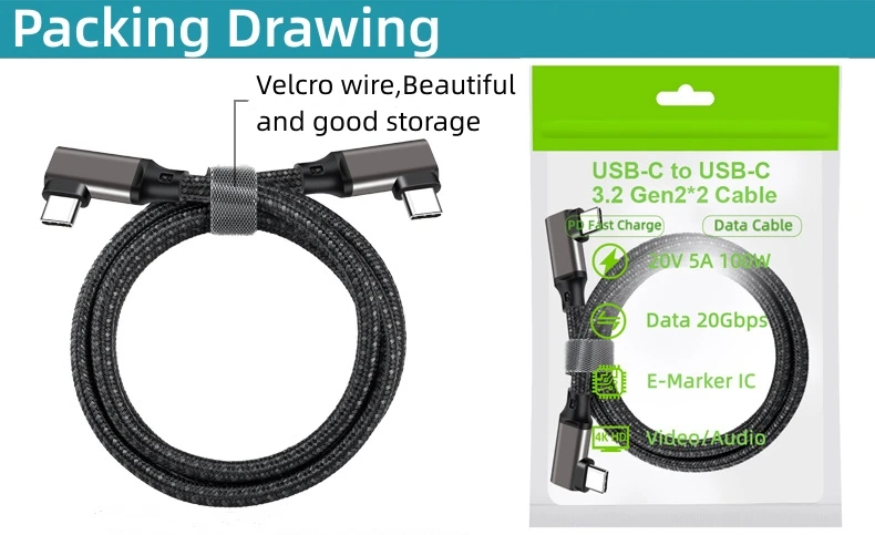 90 Grad USB3.2 Gen2 20 Gbit/s VR USB-C Daten VR Link Kabel Typ-C 4K@60Hz Video 100 W PD 5A Schnellladekabel für Quest 1/2 – Detail 11