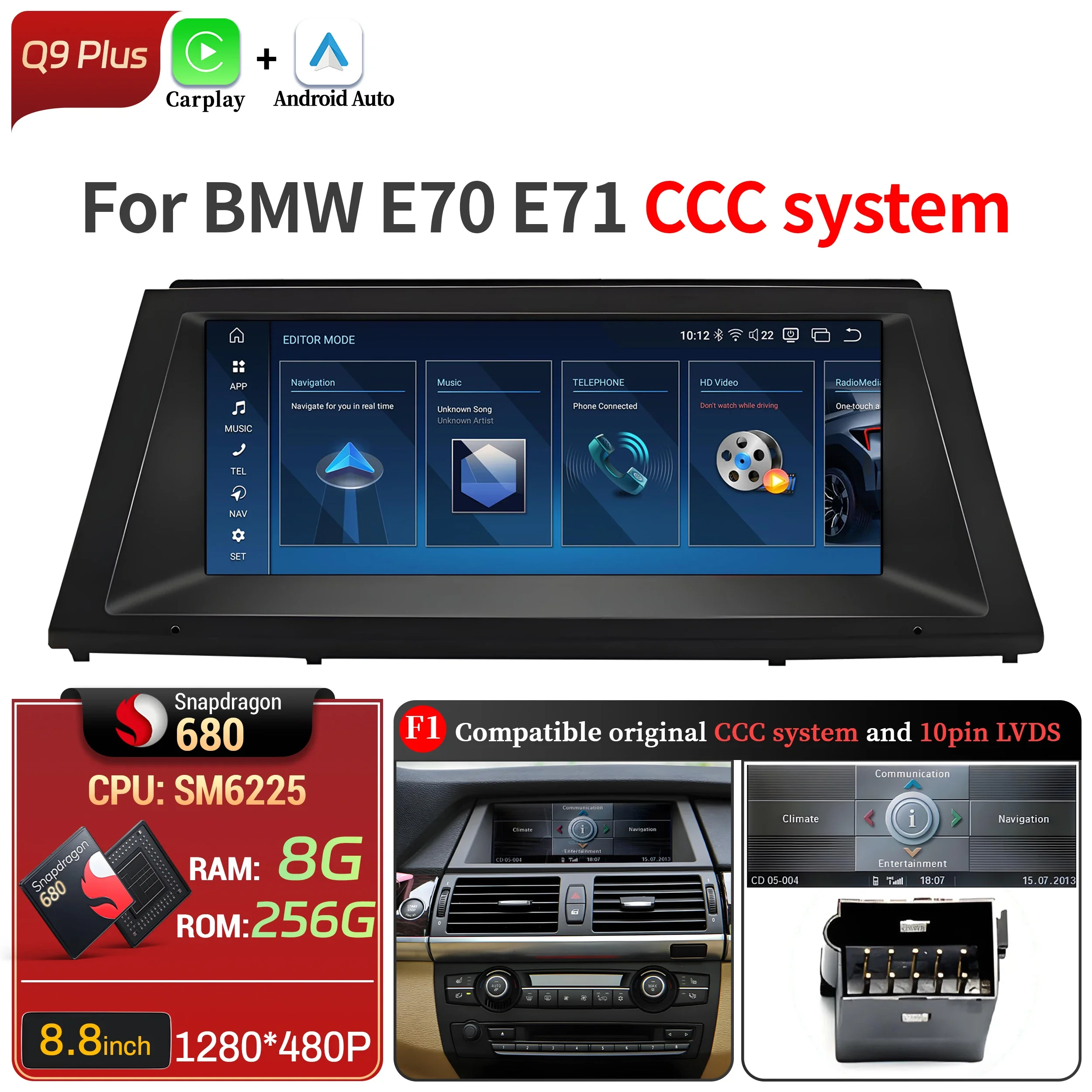 8.8 inch Android 13 Voor BMW X5 E70 X6 E71 E72 Autoradio GPS Draadloze BT Carplay Qualcomm Snapdragon 680 Head Unit Touchscreen