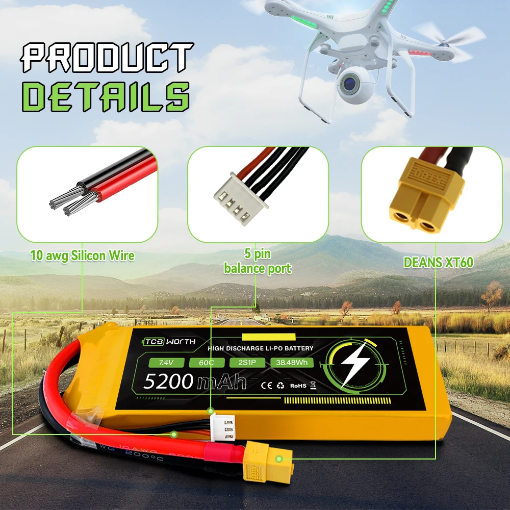 11.1V 3S LiPo Battery 5200mAh 60C with T/ XT 60 Plug for RC Car RC Truck Airplane Helicopter Boat Car Racing RC Hobby 1 Packs