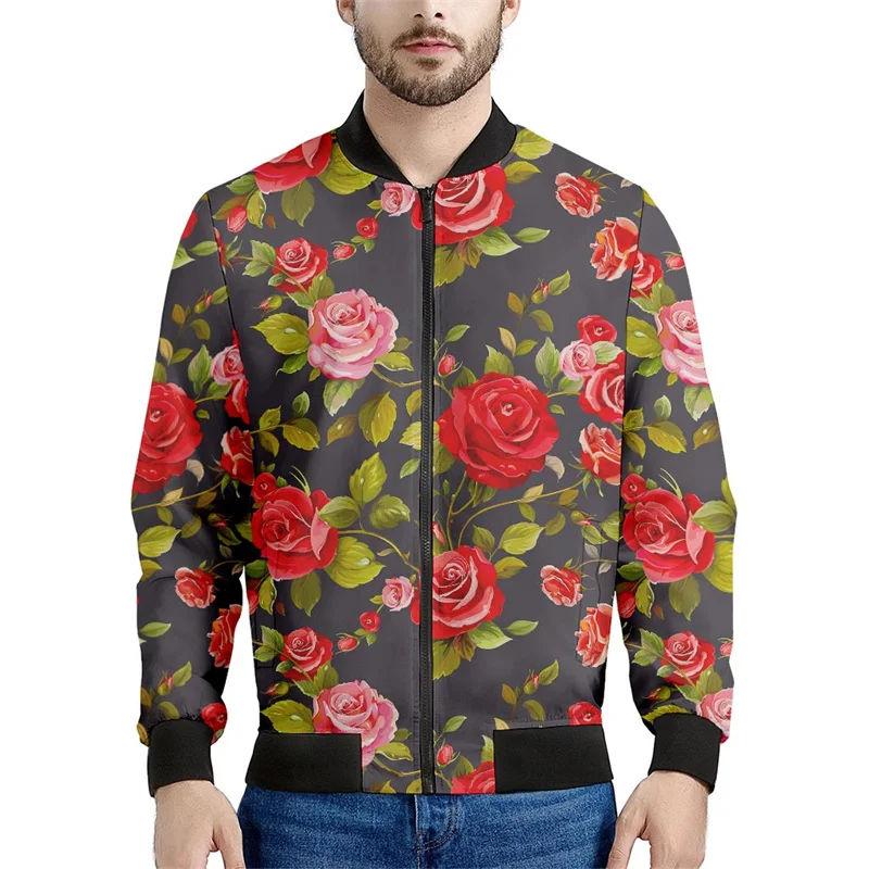 Fashion Rose Flower 3d Printed Jacket Men Women Floral Graphic Sweatshirt Tops Street Long Sleeves Zipper Bomber Coat Gift