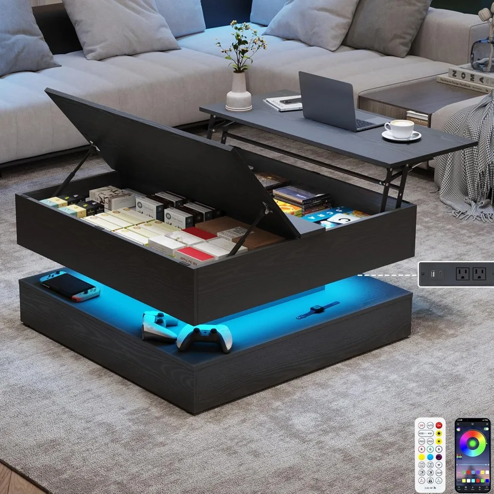 35.4 طاولة قهوة مربعة كبيرة مع سقف رفع، وطاولة مركزية مربعة حديثة مكونة من طابقين مع مساحة تخزين مقصورة مخفية #1