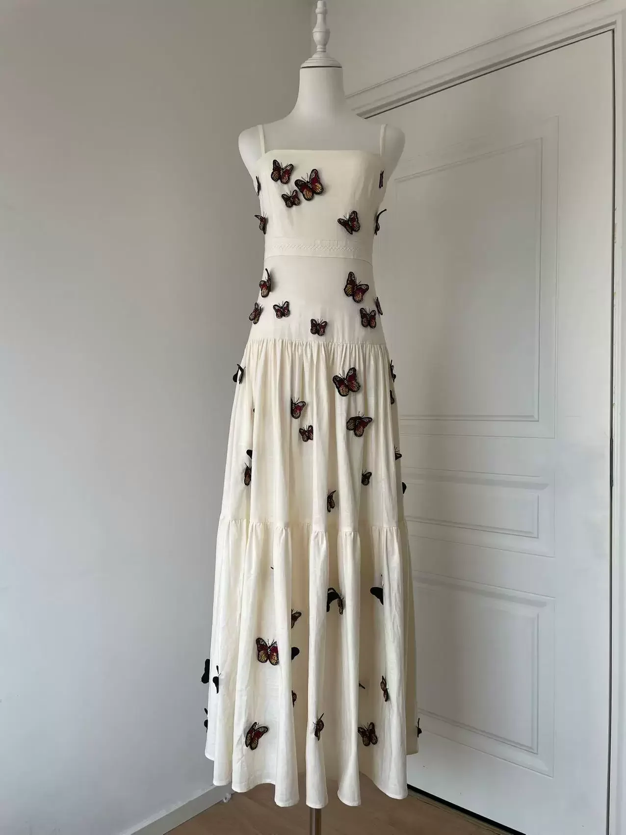 3D Butterfly Decoration Women Sling Robe High Waist Sleeveless Solid Color Holiday Linen Maxi Dress