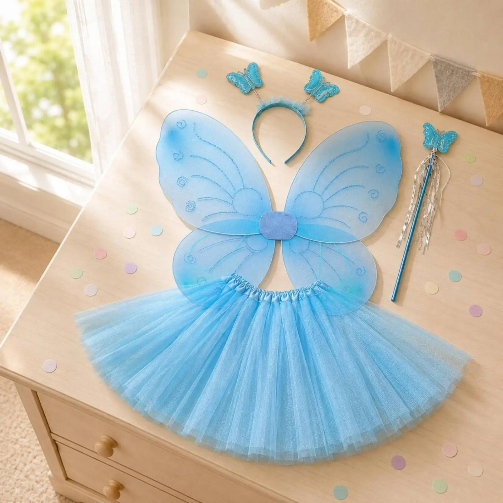 Butterfly Fairy Costume for Girls Tutu Dress Set with Folding Wings Headband and Magic Wand for Stage Performance