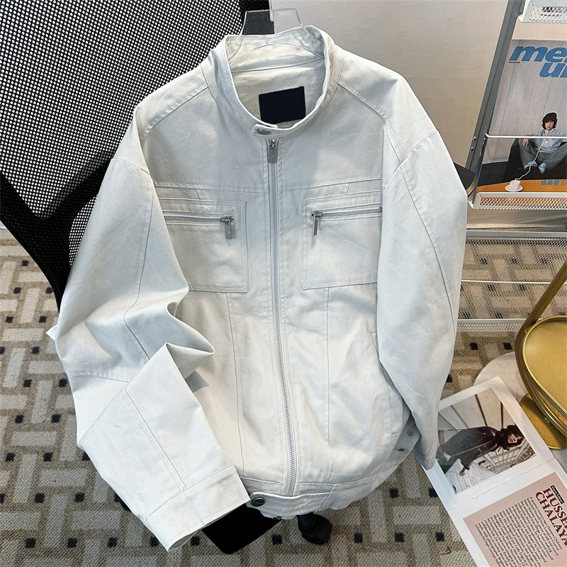 

Men Jacket New Fashionable Short Design Stand Collar Zipper 2025 American Streetwear Solid Color Male Tops Denim Jacket Men