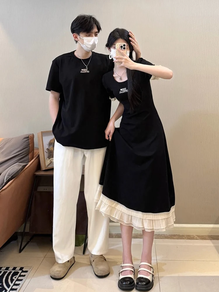 Couples Summer Fashion American Brand Short Sleeve T-Shirt Design Sensation Mid-Length Dress One Skirt One Dress Breathable