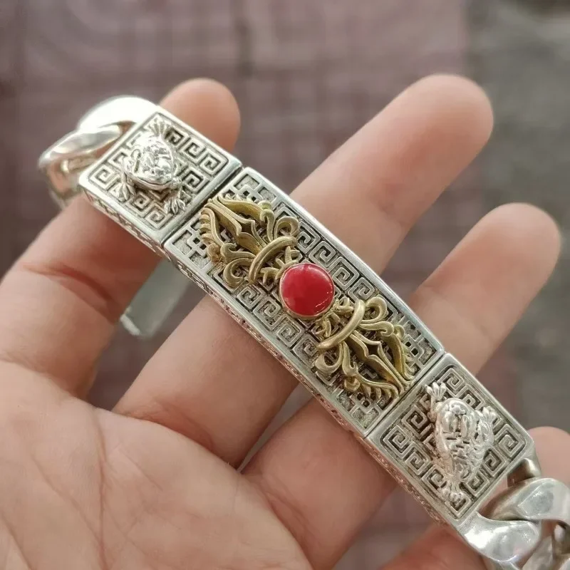 

Tibetan Silver Inlaid Ruby Bracelet Personalized fashion Jewelry Exquisite Workmanship Men and Women Couple Gift