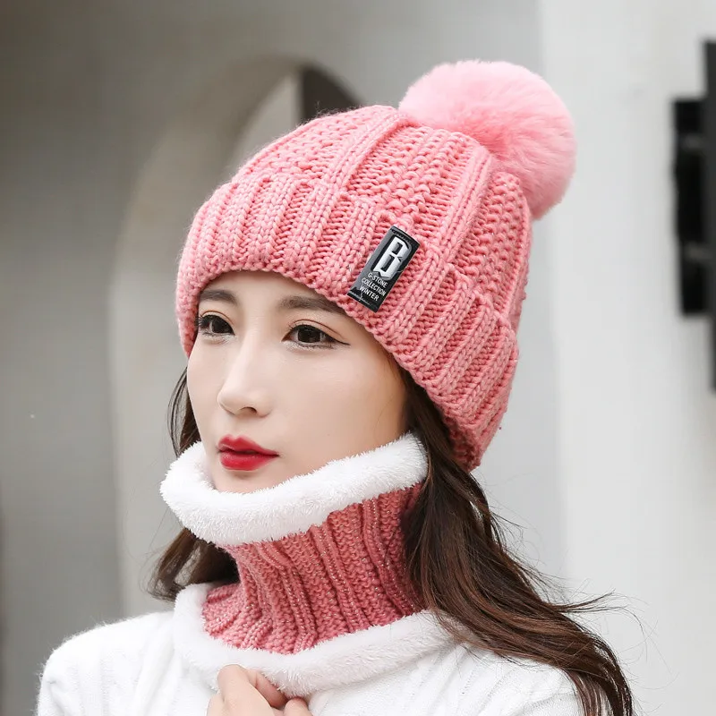 Winter Hoed Womens Beanie Hoeden Dikke Warme Skullies Winter Vrouwen Gebreide Muts B Brief Bonnet Beanie Cap Fietsen Hoed Sjaal 2Pc Sets