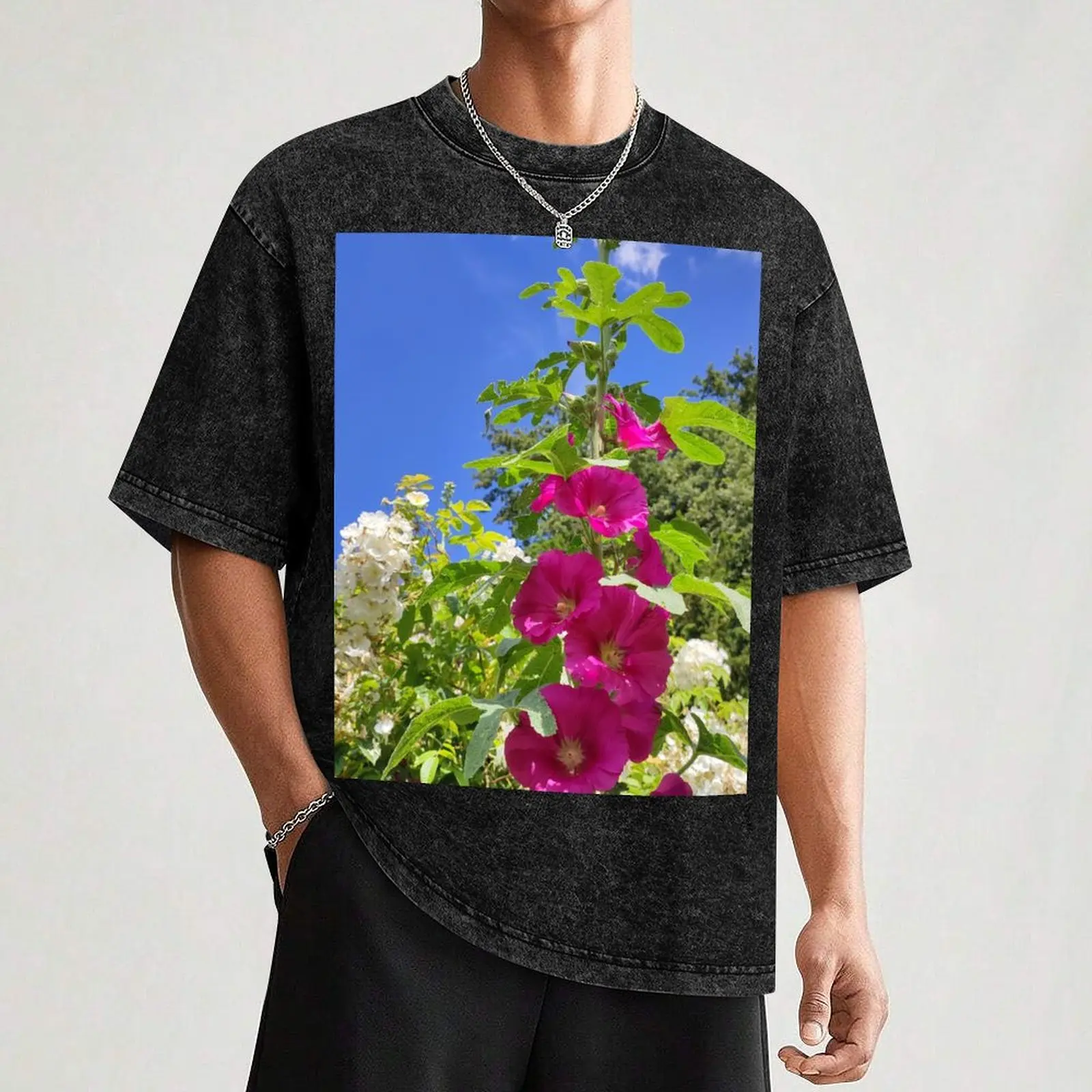 Hollyhocks, ex France now resettled in the UK T-Shirt Lightweight Print T-Shirt