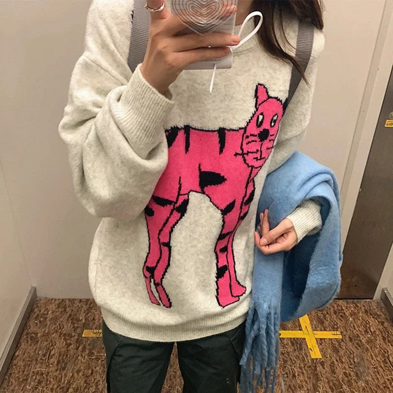 Original Fashion Brand Pink Cat Sweater Women Funny Streetwear Gray Oversized Hiphop Jumper O-Neck Knitted Pullover Korean Style