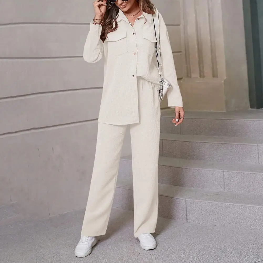 Solid Color Trouser Suit Women Commuter Outfit Elegant Women's Shirt Pants Set with Lapel Button-down Blouse Elastic for Fall