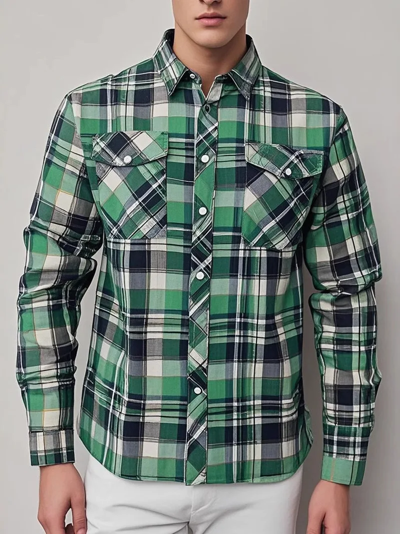 

Мужская повседневная рубашка в клетку с длинным рукавом и отложным воротником, удобная посадка, модный узорчатый дизайн, летний сезон, открытый кардиган