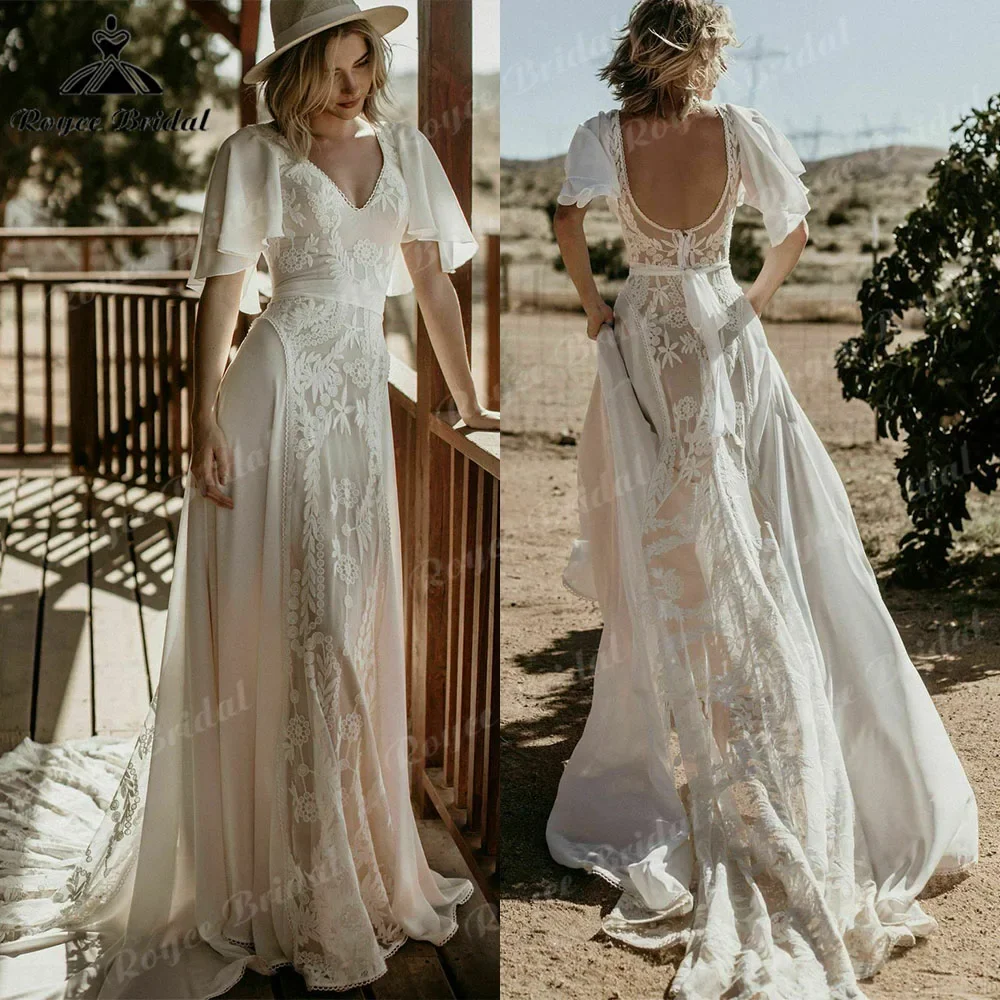 Romantic Vestidos Beach Behemian A Line Lace Wedding Dress with Short Cap Sleeve 2025 Open Back Country Bridal Gown abiti sposa