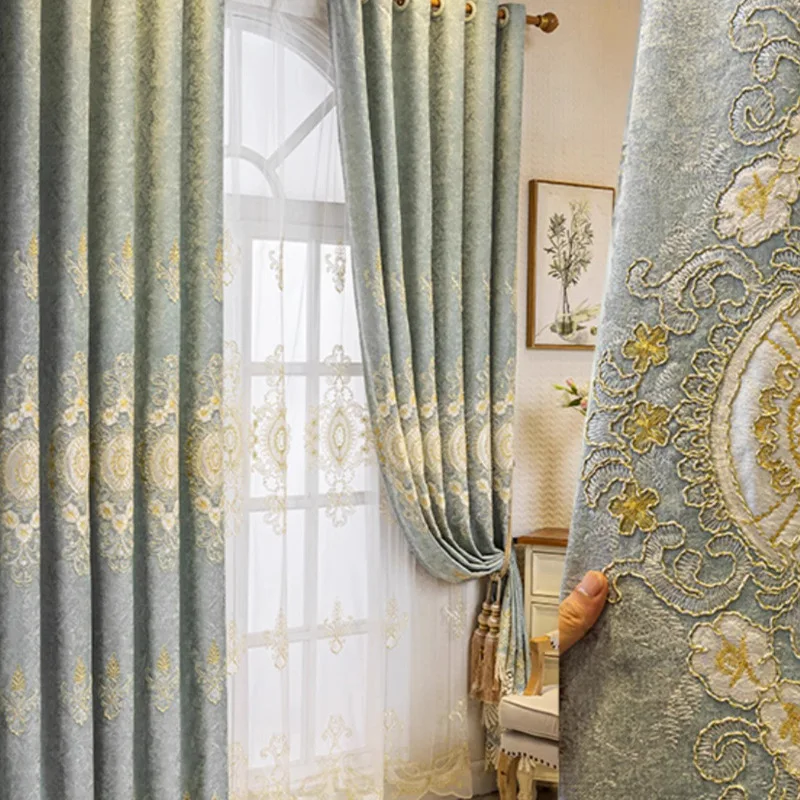 

High-end European-style Chenille Embroidery Thickened Blackout Window Curtains Tulle for Living Dining Room Bedroom Villa Hotel