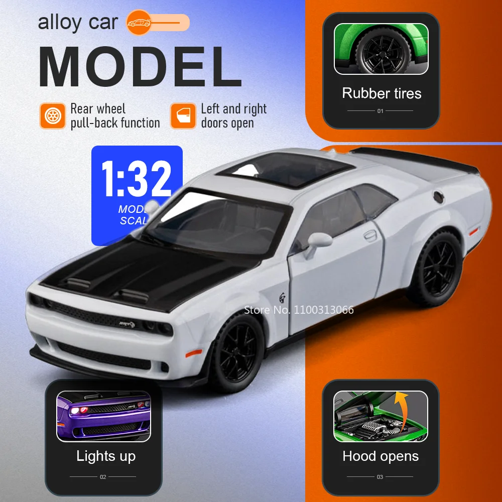 

1:32 Hellcat Santana Car Model Diecast Miniature Alloy Toys Doors Opened with Sound Light Shock Absorption Vehices Gift Sfor Kid