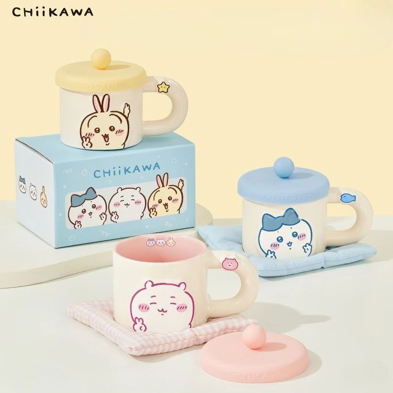 Anime Cartoon Kawaii Chiikawa Cup Pottery and Porcelain Relief Design with A Lid Anti-scalding Handle Household Birthday Gift