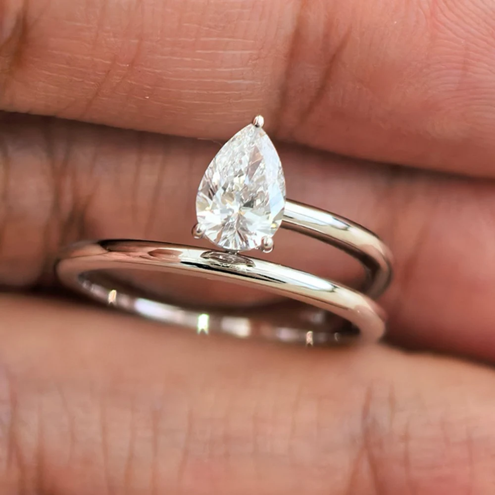 6*8 مللي متر الكمثرى قطع مويسانيتي خواتم الخطبة للنساء المخفية هالة مختبر نمت الماس 925 فضة طبقة مزدوجة الزفاف الفرقة