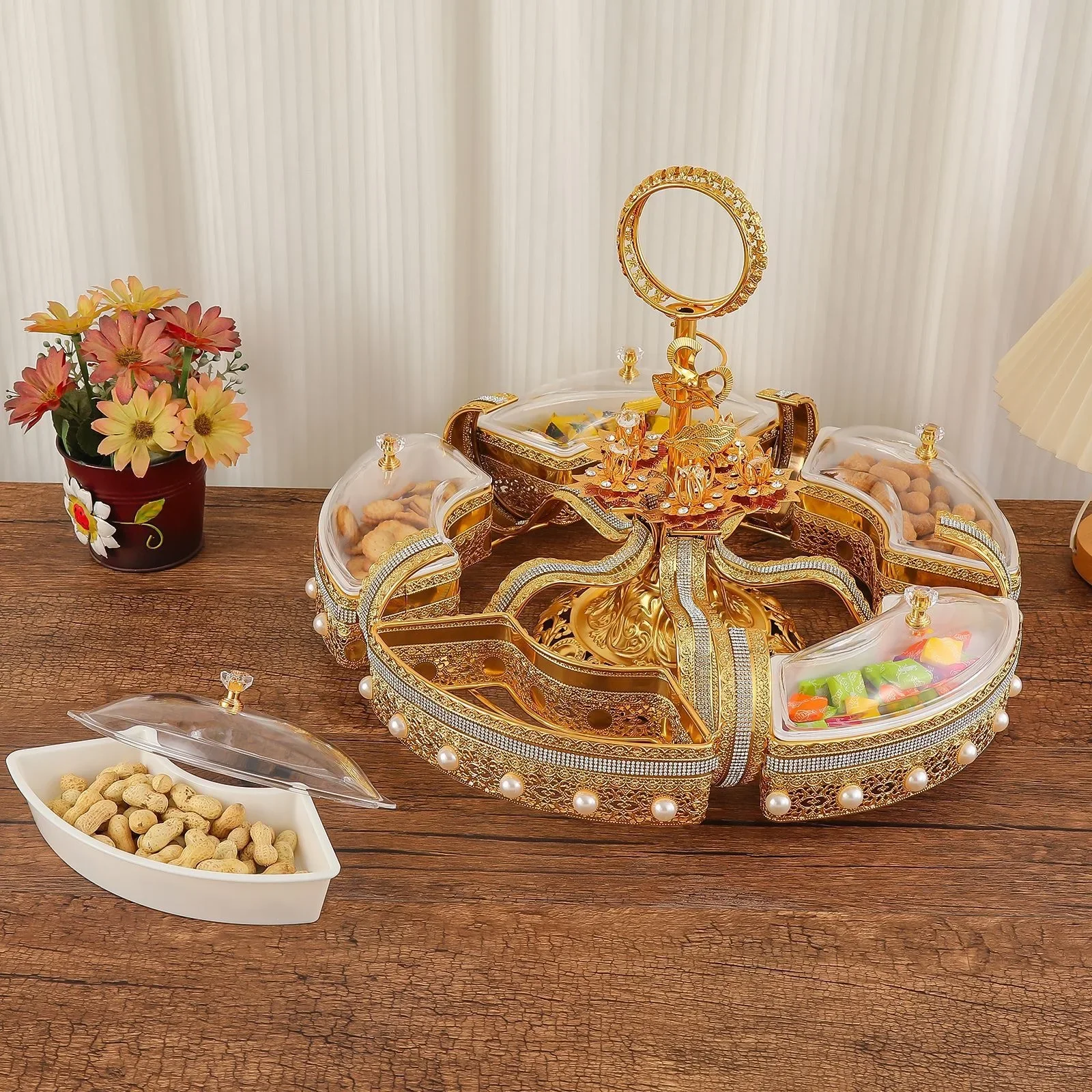 New wrought iron acrylic five-grid fruit plate creative living room snack plate fruit plate with lid dried fruit platter