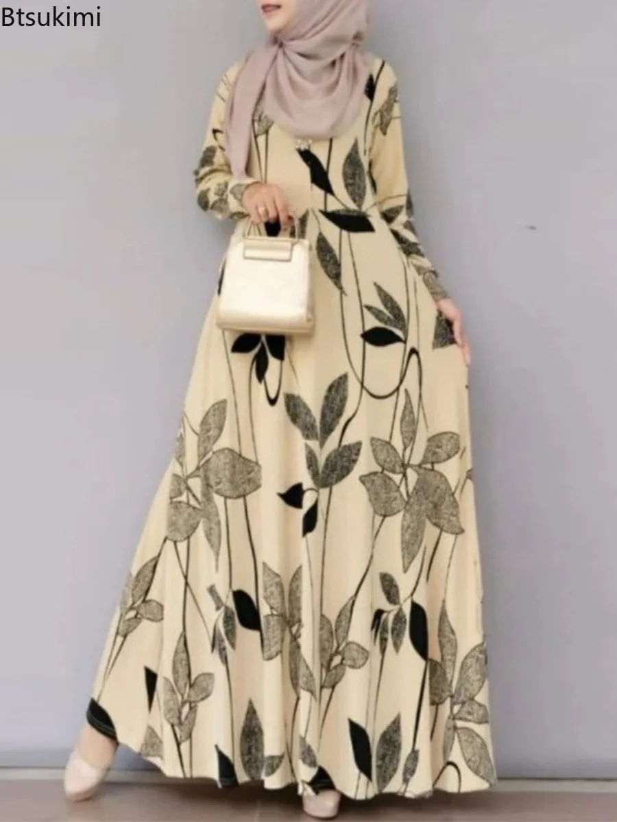 2024 Fashion Floral Printed Muslim Dress for Woman Elegant Long Sleeve Bohemian Maxi Dresses Casual Holiday Sundress Turkey Robe