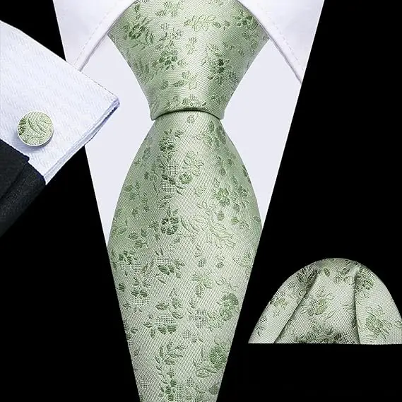 Elegant Spring Style Flower Men Tie Set Casual Wedding Business Necktie Hanky Cufflinks 3PCS Suit Accessories Mint Green Pink