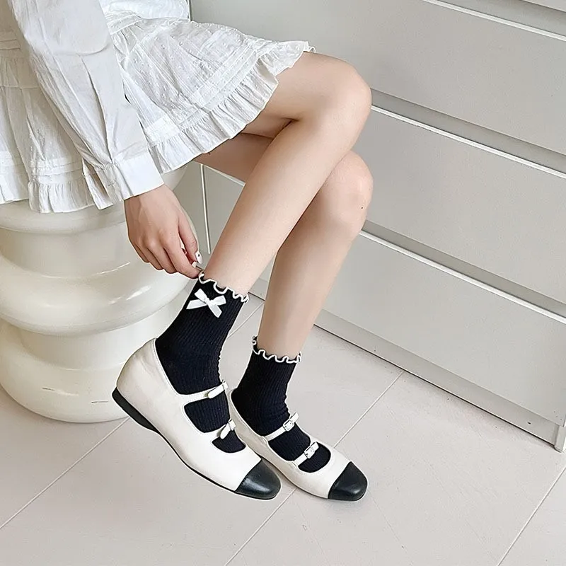 Women Socks Bow Crew Socks Sweet Lolita Dress Breathable Soft Girls Socks Ladies Striped Athletic Socks Womens Wool Cable Socks