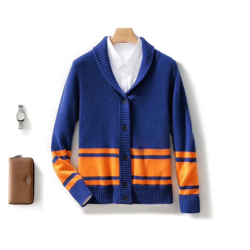 

Autumn Winter 100% Merino Wool Men's Color-Block Cardigan Sweater Cashmere Long Sleeves Soft Warm Casual Fashion Clothing Top