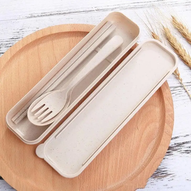 3Pcs/Set Portable Tableware Set Plastic Cutlery Sets Fork Spoon Chopsticks Suit Eco-friendly Reusable Travel Flatware With Box