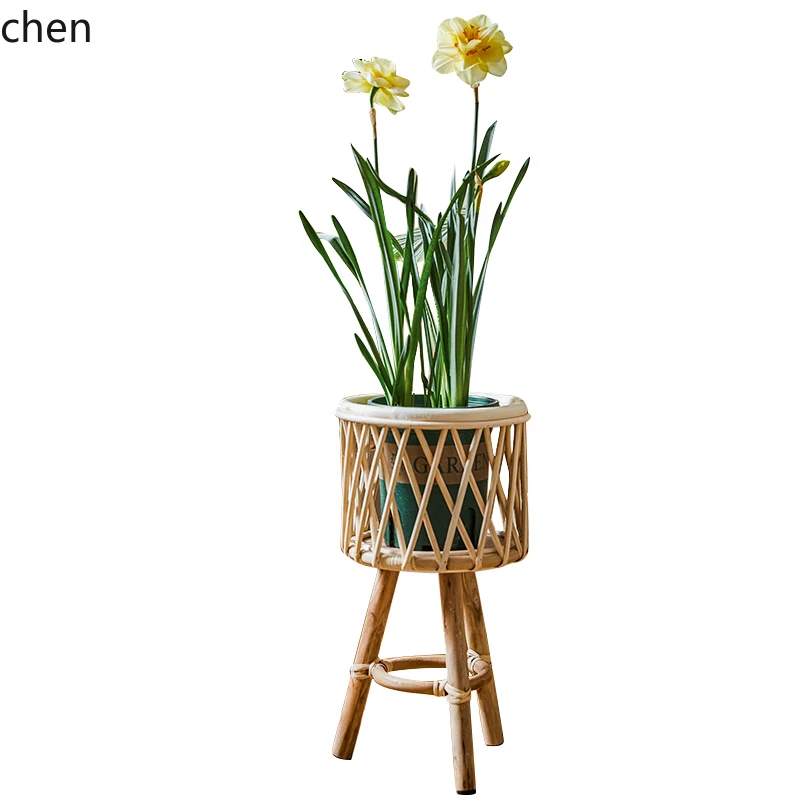 LXC Solid Wood Rattan Flower Stand Living Room Side Table Floor-standing Bamboo Storage Rack Corner Balcony Flower Pot Stand